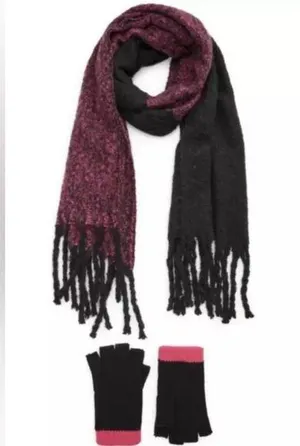BP Nordstrom NEW Brushed Fringe Scarf & Fingerless Gloves Set Burgundy/Black thumbnail 1