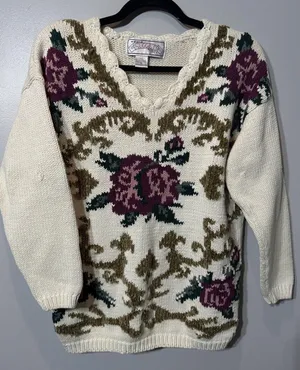 Vintage Floral Sweater Womens Medium Roses Vneck Cottage Core Teacher Heavy Knit thumbnail 1