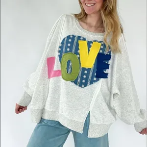 BiBi Pullover‎ Sweatshirt Gray Artsy Love Boho Patchwork Graphic Women XL/XXL thumbnail 5