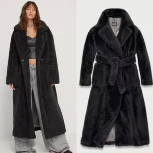 UGG Alesandra Faux Fur Wrap Coat Black Pockets Tie Waist Long Trench L / XL NWT thumbnail 1
