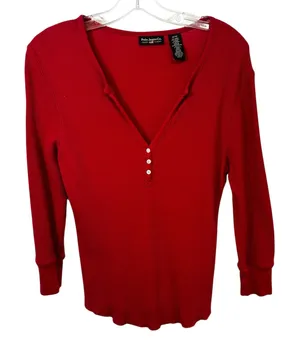 VTG Polo‎ Ralph Lauren Medium Henley Top Red Waffle Knit Thermal Y2K Preppy 1501 thumbnail 1