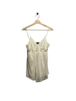 Express Mesh Y2K Babydoll Rhinestone Top Cream Size L Rave Festival Summer Retro thumbnail 2