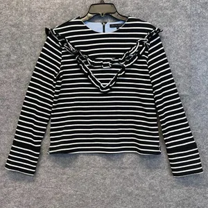 ENGLISH FACTORY Top Women's Small Black White Striped Ruffled‎ Trim Long Sleeve thumbnail 2