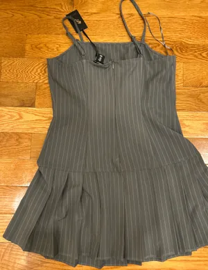Sincerely Jules Pinstripe Pleated Drop-Waist 90s Vintage Aesthetic Mini Dress L thumbnail 7