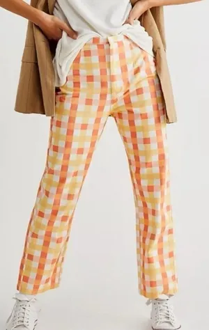 Free People She's All That Printed Checker Pants Orange‎ Yellow White 4 High Rise thumbnail 1