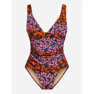 J.Crew Floral Ruched One Piece Swimsuit Pink Orange V Neck Size 8 Beach Resort thumbnail 7