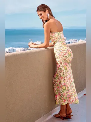 NWT Cupshe Wildflower Season Floral Strapless Ruched Maxi Dress Medium thumbnail 2
