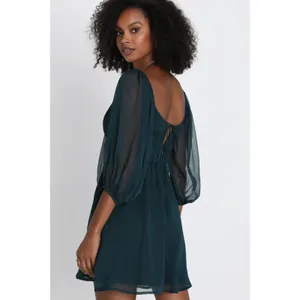 NWT Lulus Vivacious Arrival Emerald Chiffon Balloon Sleeve Mini Dress Size L thumbnail 2