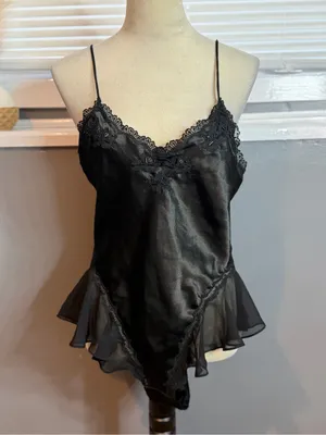 Black Satin Lace-Trim Camisole Slip with Sheer Ruffle Hem thumbnail 3