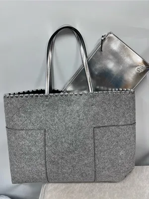 Tory Burch Gray Felt block T Tote Bag leather trim w/detachable matching pouch thumbnail 1