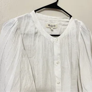 Madewell White Shimmer Stripe Button-Down Peasant Top thumbnail 3