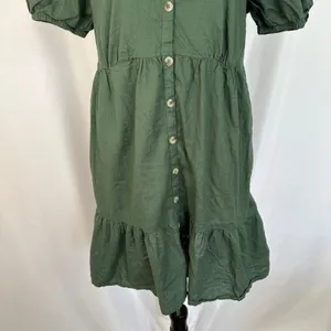 Honey Button Front Dress Puff‎ Sleeve Tiered Hem Casual Green Women's Large thumbnail 3