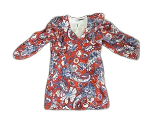 Zara Ruffled red blue white bohemian Paisley Print long sleeve Mini Dress M thumbnail 1