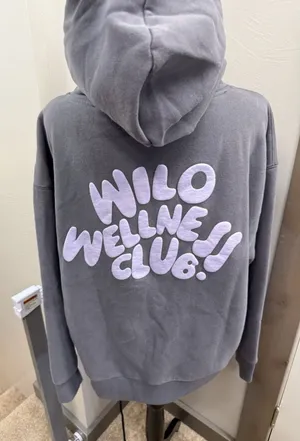 WILO The Label Hoodie Women Grey Purple Wellness Club Puff Print Sweatshirt Gym thumbnail 1