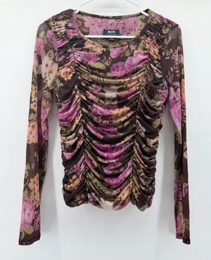 Maeve Anthropologie Ruched Mesh Floral Long Sleeve Top Brown Pink Small thumbnail 1