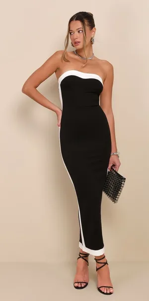 NWT Lulus Impressive Edge Black Color Block Strapless Midi Dress Party Holiday L thumbnail 1