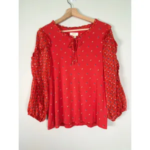 Maeve Anthropologie Red Geometric Dot Mixed Media Ruffle Tie Neck Blouse Medium thumbnail 2