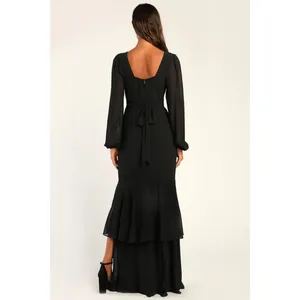 Lulus Tier Elegance Black Long Sleeve Tiered Maxi Dress Slit V Neck L thumbnail 4