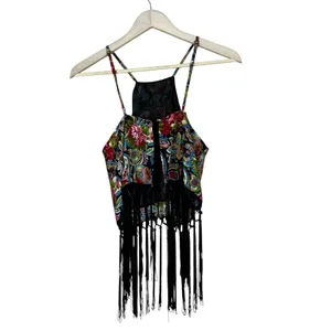 Cotton Candy Floral Paisley Halter Crop Top Multicolor Boho Fringe Size S thumbnail 4