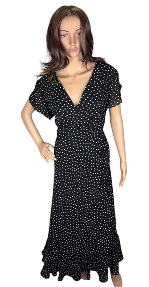 1990s VTG Dani Max Black & White‎ Polka Dot Rockabilly Maxi Dress w Ruffle Sz 14 thumbnail 1