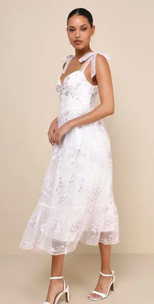 LULUS Distinctly Sweet White Floral Embroidered Tie Strap Midi Dress thumbnail 2