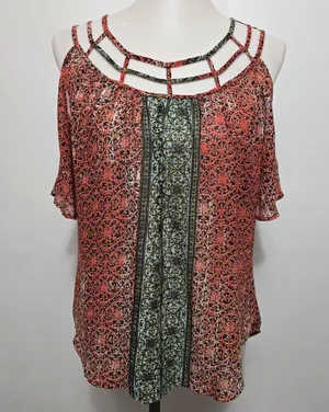 HeartSoul Cold Shoulder Cage Neckline Coral Patterned Blouse Size Large thumbnail 1