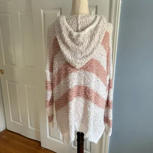 Reborn J Women’s Striped Popcorn Knit Hooded Sweater Peach Ivory Medium thumbnail 2
