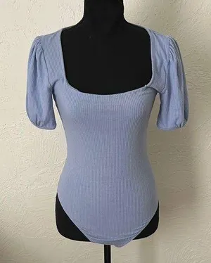 Forever 21 Blue Puff Sleeve Bodysuit with Square Neckline thumbnail 1