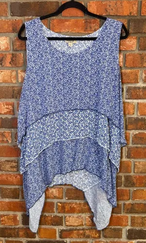 One world womens tired ruffle sharkbite hem sleevless top blue 1X thumbnail 1