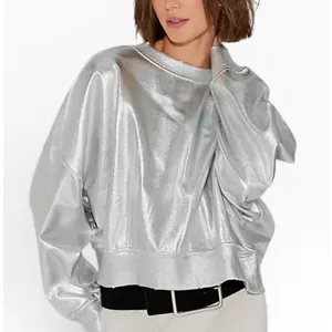 NWT GAIA Free People Metallic Silver Foil Coated Oversized Sweatshirt S Sold Out thumbnail 1