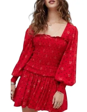 Free People Red Two Faces Printed Floral Boho Mini Dress Smocked Balloon Sleeve thumbnail 2