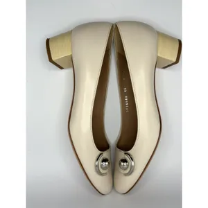 Salvatore Ferragamo Cream Leather Block Heel Pumps Silver Ball Detail Size 9B thumbnail 6