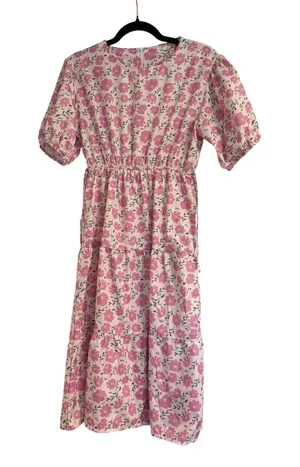 Japanese Floral Tiered Midi Dress Pink Purple Puff Sleeve Elastic Waist Medium thumbnail 1