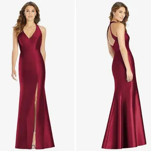 Alfred Sung V-Neck Halter Satin Trumpet Gown in‎ Burgundy Size 2 thumbnail 2