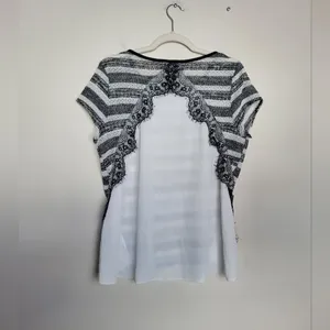 IZ Byer Black White Stripe Mixed Media Blouse Top Lace Knit Semi Sheer Size XL thumbnail 10