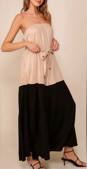 Lumiere Linen Blend Color‎ block Maxi Dress Belted Size Small Black Tan thumbnail 1