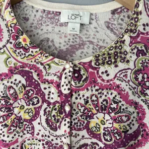 Ann Taylor LOFT Cardigan Size Medium Paisley Pima Cotton Sweater Preppy Office thumbnail 5