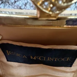 Jessica McClintock GUC gold satin evening bag. Long removable crossbody chain. thumbnail 9