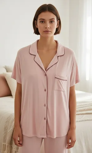 Shimera Pink Modal Button‎ Down Pajama Top Short Sleeve Contrast Piping XL NEW thumbnail 1