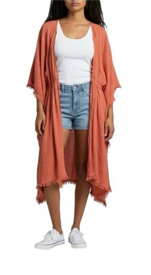 Melrose & Market Beach Cover Up Kimono One Size Rust Color Boho Fringe NWT thumbnail 1