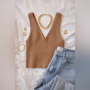 Abercrombie & Fitch Ribbed Knit Crop Tank Top Brown V-Neck Sleeveless Womens Med thumbnail 9