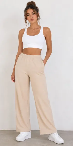 naked wardrobe French Terry Beige Wide-Leg Lounge Pants Side Large thumbnail 1