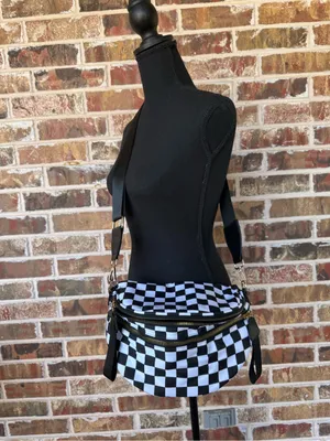 Black & White Checkered Sling Crossbody Bag – Adjustable Strap Gold Hardware thumbnail 8