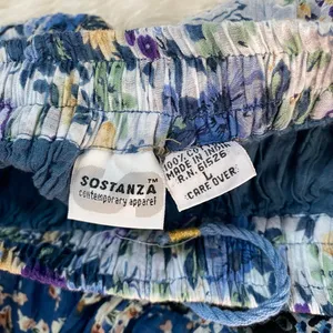 Sostanza Blue Floral Maxi Skirt Lined Stripe Patch 100% Cotton Boho Chic Casual thumbnail 5