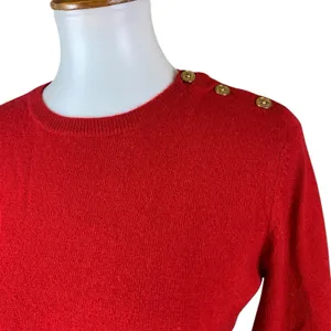 Lauren Ralph Lauren Red Cashmere‎ Sweater Gold Shoulder Buttons Pullover MP thumbnail 2