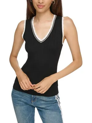 NEW Karl Lagerfeld Paris Womens Lace-Trim Sweater Tank Top Black Soft White XL thumbnail 1