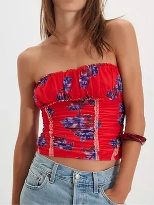 Free People Scottie printed sleeveless tube top Hot red combo Sz L BarbieCore thumbnail 1