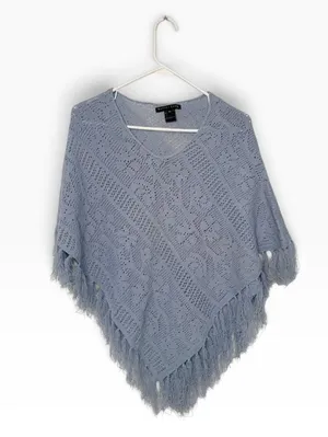 Bette Sung Crochet Knit Poncho Size OS Light Blue Geometric Fringe thumbnail 6