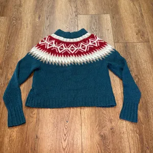 American Eagle Teal Fair Isle Mock Neck Knit Sweater XS Nordic Pullover Ski cozy thumbnail 8