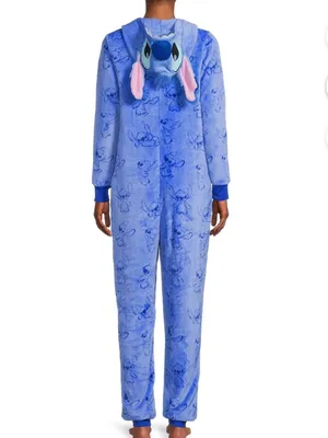 Disney Lilo & Stitch Hooded Union Suit Plush One Piece Pajamas Blue M thumbnail 6